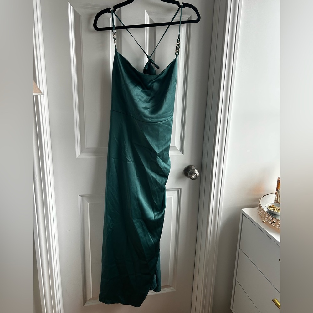 Zara Teal Satin Slip Maxi Dress with Chain Straps
